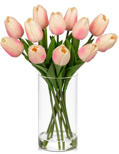 DILATATA 12 tulipani artificiali realistici al tatto, in vaso di vetro con acqua finta, tulipani rosa con vaso per tavolo da pranzo, decorazione per la casa, centrotavola per matrimoni