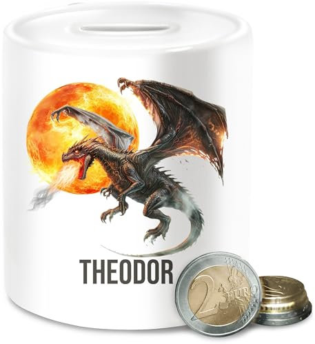 Spardose - Feuerdrache mit Name | Drachenmotiv | Drache | Drachenliebhaber - Unisize - Weiß - Drachen Junge Dragons und