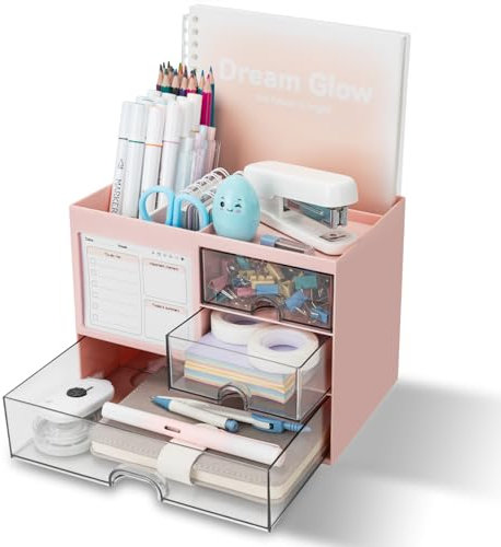 RISEMART Schreibtisch-Organizer mit 3 Schubladen, multifunktionaler Stifthalter, Schreibtisch-Organizer und Aufbewahrung mit 5 Fächern für Büro, Zuhause-Rosa