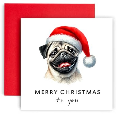 Huxters Weihnachtskarte Mops - Merry Christmas to Dog Mum and Dad - From Dog to Friends & Family