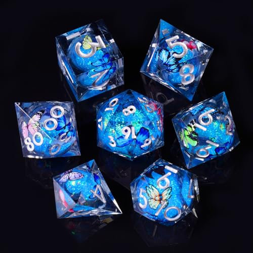 ORUZA 7 Stück Polyedrische DND Würfel Set Liquid Core D&D Würfel D4 D6 D8 D10 D12 D20 D% Schmetterling Treibsand Spielwürfel für Dungeons and Dragons RPG MTG Pathfinder Rollenspiele Spielwürfel