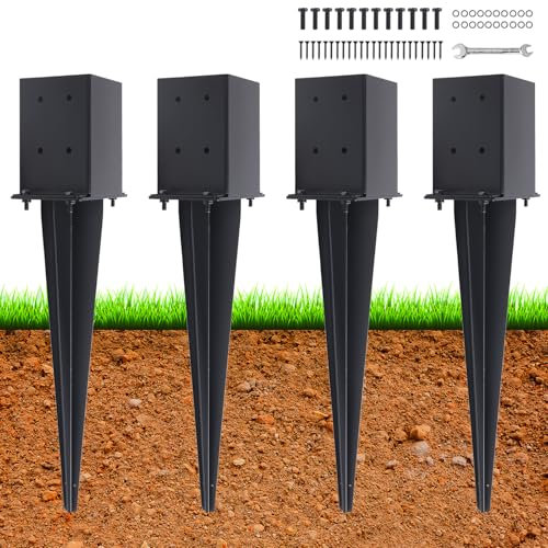 4 Pcs 4x4 Fence Post Anchor Ground Spike,(Internal 3.6x3.6),Metal Post Stake Ground 22 with Black Powder-Coated,Fence Stakes Post Base for Deck,Fence,Porch,Railing,Mailbox