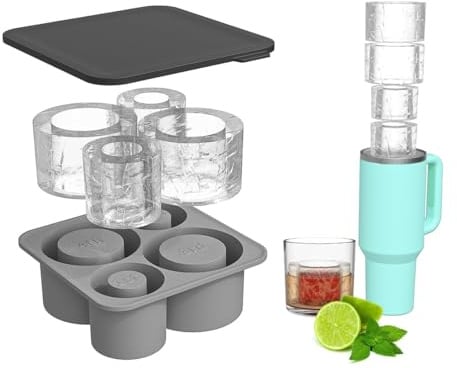 Ice Cube Tray Mold with Lid for Stanley Cup 14-40Oz Tumbler, 4 Hollow Cylinder Ice Cube Molds Ice Mold with Lid and Bin for Chilling Cocktails Whiskey Drinks Coffee,with Stainless Steel Clip (Gray)