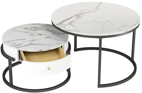 Soayone Wohnzimmertisch Rund, Couchtisch mit Schublade, Couchtisch Marmor Optik, Satztische fürs Wohnzimmer, Couchtische Weiß, Wohnzimmer Tisch für Couch Φ 70 cm & Φ 50 cm