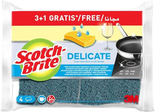 Scotch-Brite Delicate, Nicht kratzende Naturfaser-Spülschwämme, 3 Plus 1 GRATIS - hochsaugfähige Schwämme für Küche und Haushalt – schonend zu unbeschichtetem Kochgeschirr und Glas