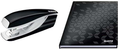 Leitz WOW Set Büro Heftgerät + Notizbuch A5 kariert, Hardcover, 160 Seiten, 80 Blatt, 30 Blatt Tacker mit 200 Heftklammern, Hefter aus Metall mit Kunststoffelementen, Schwarz, 55021095 + 46281095