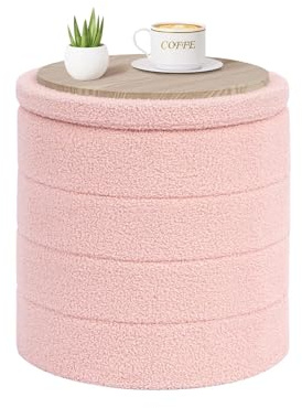 PINPLUS Boucle Hocker mit Stauraum Sitzhocker Rund, 43x43x45 cm, Rosa | Deckel als Tablett, Polsterhocker, faltbar, Fußablage & Tisch, Aufbewahrungsbox, für Wohnzimmer, Schlafzimmer, Flur