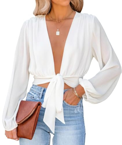 LYANER Women's Deep V Neck Tie Front Knot Long Sleeve Sexy Wrap Crop Top Blouse Pure White Small