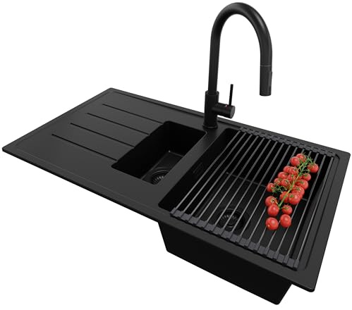 PRIMAGRAN Granitspüle ab 60er Unterschrank + Küchenarmatur, 90x50cm | Set: Küchenarmatur BW9010 + Ablauf-Set + Abtropfmatte + Spülbecken 1,5 Becken - Kopenhagen Duo, Alles Schwarz