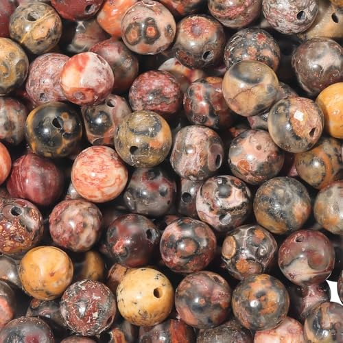 PONABEADIY 1 Box 120PCS Natural Jasper Stone Beads with Hole Round Red Leopard Skin Gemstone Smooth Polished Loose Spacer Bead Bulk for Jewellery Making Earrings Bracelets Necklaces DIY Crafts Supply