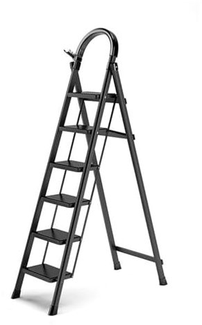 Scala pieghevole leggera a 6 gradini – Pedali antiscivolo e impugnatura in acciaio multiuso per casa, ufficio e cucina (nero) – Design compatto e durevole
