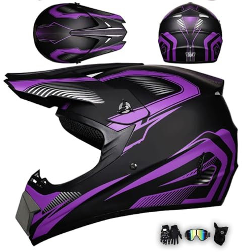 MODRYER Casco Motocross Jóvenes Adulto ATV Descenso Cross Casco Integral para Mujer Hombre Casco De Moto para BMX MTB Eduro Quad Todoterreno, con Gafas Máscara Guantes,Purple-S/52~53cm