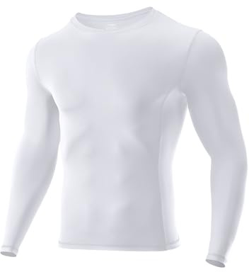 Niksa Men's Compression Long Sleeve T Shirt Muscle Fit Gym Top, 1 Pack Breathable Quick Dry Base Layer for Running Training Cycling Work, Slim Crew Neck Active Wear Clothes, White, M