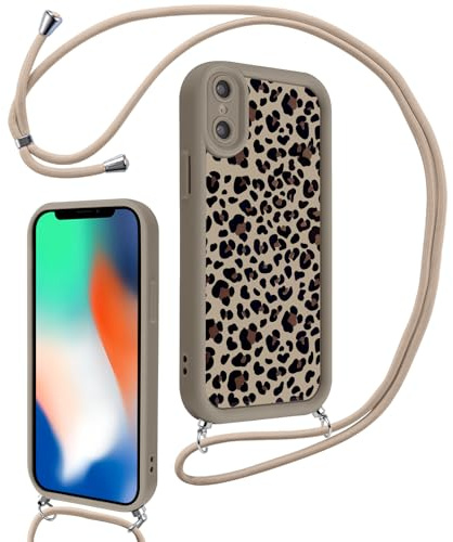 Votvloay Handykette Handyhülle für iPhone 8/7/SE 2020/SE 2022 4,7 Hülle mit Band, Aesthetic Leopard Muster Kordel zum Umhängen Case, Weich Silikon TPU Stoßfest Schutzhülle Cover für iPhone 7, Khaki