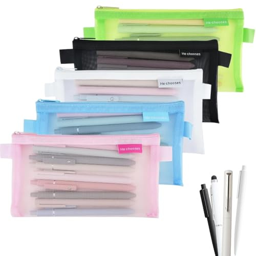 ZEXOWIJ 5 Stück Federpenal, Pinseltasche Schule Kinder, Federmäppchen Transparent,Zip Mesh Reißverschluss Beutel, Groß Kapazität Mäppchen, Nylon-Netzstoff Stifttasche Federtaschen Schreibwaren
