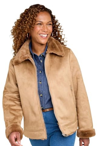 Amber Ladies Bonded Zip Front Faux Shearling Jacket Sueded Finish Supersoft Lined Winter Coat Natural 12