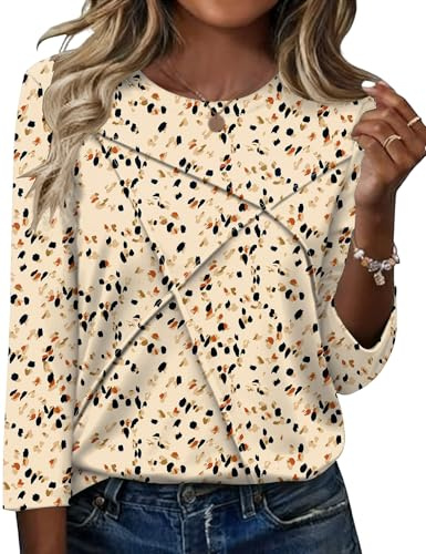 Kistore Ladies Tops 3/4 Sleeve Top for Women Crew Neck Pleated Shirts S-XXL