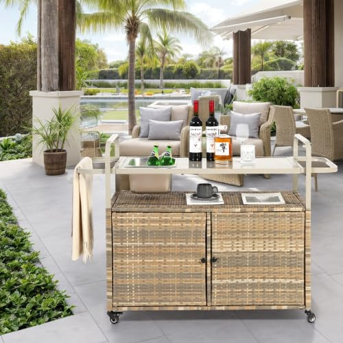 chellago Outdoor Barwagen Beige mit Schrank und Eiswürfelbehälter, Rollbarer Servierwagen für Garten und Terrasse, PE Rattan Küchenwagen mit Stahlplatte und Rädern, Minibar und Hausbar, 131x50x91 cm