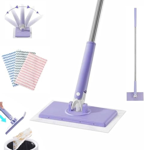 2026 Upgrade Automatic Cloth Changing Mini Mop,Clever Hands-Free Replacement, Zero Touch Minimop,360° Rotating Mini Mops With 10 Reusable Cloths,Portable Wet Dry Mops for Home Bathroom (Purple, 92cm)