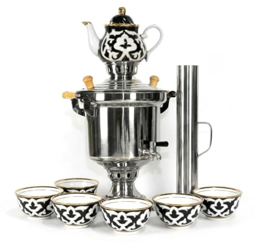 Set Samowar 5 Liter aus Edelstahl mit Schornstein Holzfeuer Holzkohle