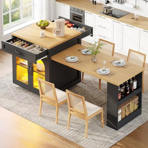 YEHTOKHOME Isla Central de Cocina Extensible 126–196 cm, Mesa de Bar con Almacenamiento, 2 Cajones y 2 Puertas de Vidrio, Iluminación LED, Estantes Ajustables, para 4-6 Personas Comedor (Negro-4)