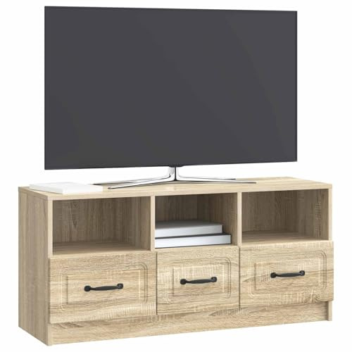 vidaXL TV-Schränk Sonoma-Eiche 102 x 34,5 x 47 cm Holzwerkstoff, Moderne Wohnzimmereinheit, stylischer TV-Schrank mit Metallgriffen, viel Stauraum, flaches Design