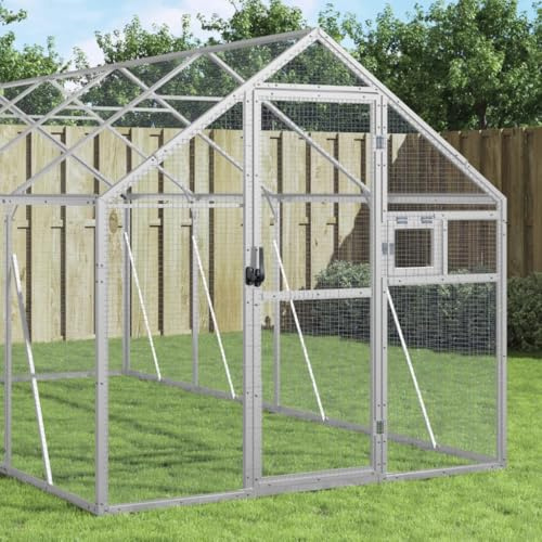 Aviary Silver Aluminium 179 x 800 x 185 cm with Wire Mesh, Lockable Door Window, Bird Cage Outdoor Seat for Budgies, Parrots, Canaries, Cockatiels, Parakeets