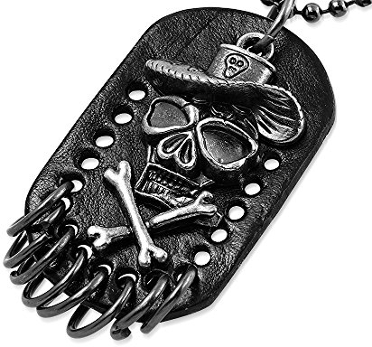 BlackAmazement Halskette mit Anhänger Leder Edelstahl Skull Totenkopf Dog Tag Kugelkette Biker (Schwarz)