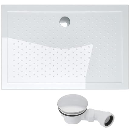 doporro Plato de Ducha Rectangular Antideslizante 90x100x4 cm – Acrílico Blanco con Válvula de Desagüe AL02, Conexiones DIN, Instalación a Ras de Suelo – Lucia02