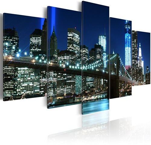 murando - Wandbilder XXL New York 225x112cm 5 tlg - Wand Deko Leinwand Bilder Groß Wanddeko Wohnzimmer Schlafzimmer Kunstdrucke - Brooklyn Bridge Städte Brücke City Architektur Nacht