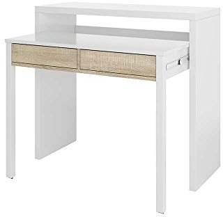 Ausziehbarer Konsolenschreibtisch mit zwei Schubladen, Eiche und weiße Farbe, Maße 98 x 87 x 36 cm (ausziehbar bis 66 cm)