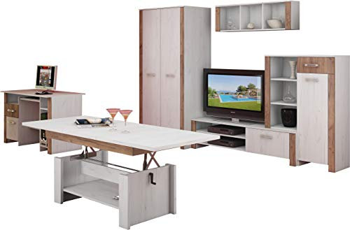 Wohnzimmer Möbel Satz, Jugend Raum Möbel Satz, TV Wohnwand HUGO III TV Bank, Display Einheit, Wandregal, 2T Kleiderschrank, Schreibtisch und Aufklappbarer Kaffetisch. Craft White/ Craft Tobaco.