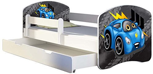 Kinderbett Jugendbett mit einer Schublade und Matratze Weiß ACMA II 140 160 180 40 Design (180x80 cm + Bettkasten, 05 Blaue Auto
