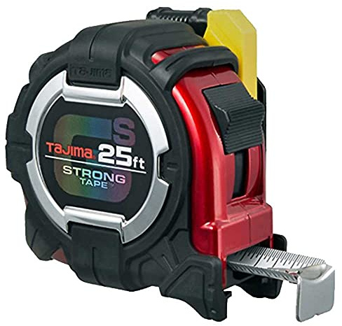 TAJIMA Tape Measure - 25 ft x 1-1/16 inch GS-Lock Measuring Tape with Shock Resistant Case & Safety Clip Holder - GSSF-25BW