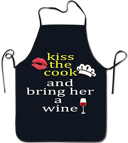 wodealmug Lustige Schürze für Damen, niedlich mit Taschen, Kiss The Cook And Bring Her A Wine, Wein, Einheitsgröße
