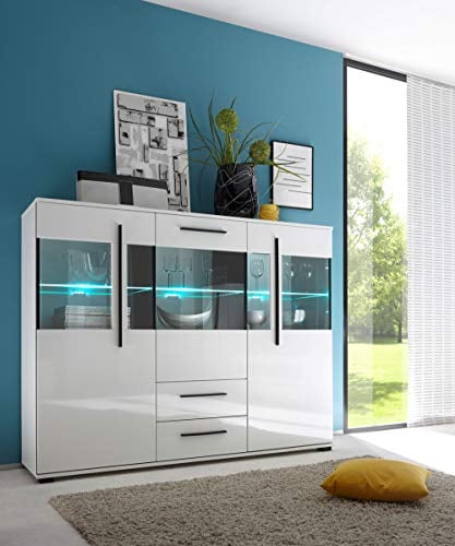 Newfurn Highboard Sideboard Modern Kommode Standschrank Hochschrank II 160x126x 42 cm (BxHxT) II [Luca.Ten] in Weiß/Weiß Hochglanz Wohnzimmer Schlafzimmer Esszimmer