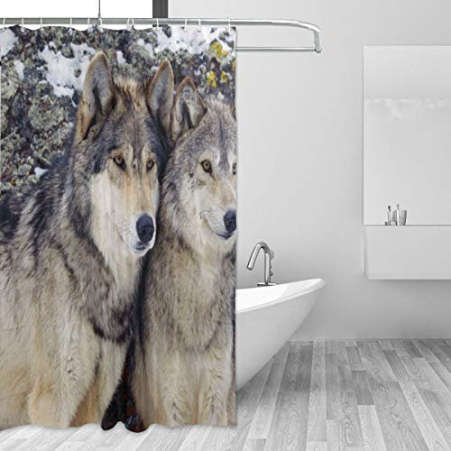 FANTAZIO Fantasio Duschvorhang mit Zwei Wölfen aus Polyester mit dicken C-förmigen Haken für Badezimmer, wasserdicht, langlebig und superwasserdicht, 183 x 183 cm