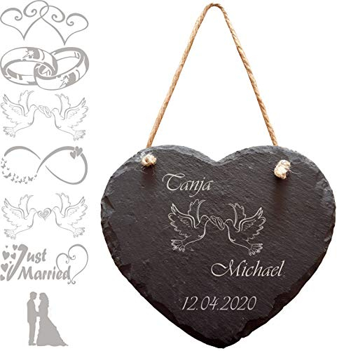 UDIG Schieferherz Gross zur Hochzeit personalisiert mit Namen, Datum und Motiv, romantische Hochzeitsgeschenke für Brautpaar Schiefer Herz 20 cm