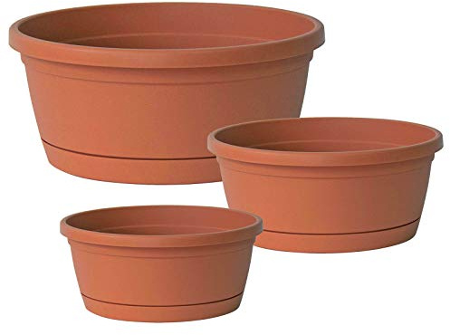 Euro3plast 3er-Set Blumenschalen mit Untersetzer Libis rund Ø 25 cm, 30 cm, 35 cm, aus Kunststoff in der Farbe Taupe (Terrakotta)