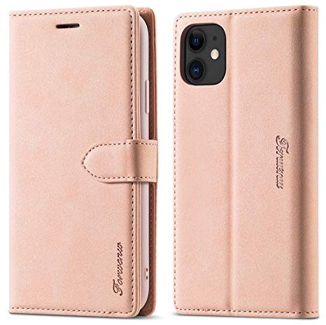 LOLFZ Case for iPhone 11, Vintage Leather Wallet Case Card Holder Kickstand Magnetic Closure Flip Case Cover Compatible with iPhone 11 (6.1 Inch) - Rose Gold