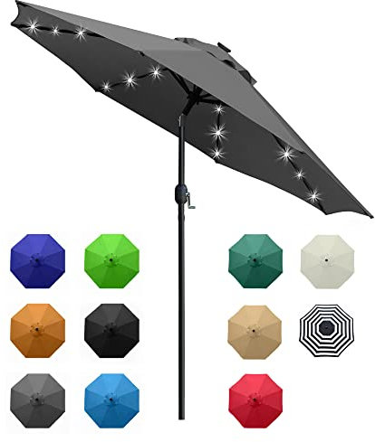 Sunnyglade Ombrello solare illuminato a LED, con 8 stecche di regolazione e sistema di sollevamento a manovella, per patio (grigio)