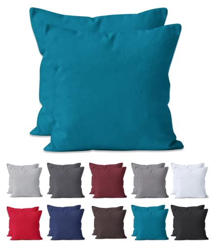 Hometex Premium Textiles 2-er Set Kissenhülle Baumwolle Renforcé | Doppelpack Kissenbezüge ca. 115 g/m² | Oeko-TEX®Standard 100 Kissen-Bezug mit Reißverschluss | 80x80 cm Petrol