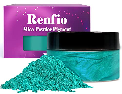 Renfio Pigmento en polvo de mica metálica, 100 g, color natural, perla mineral, brillante, resina epoxi, tinte para pintura, jabón, limo, bombas de baño, 100 g, turquesa