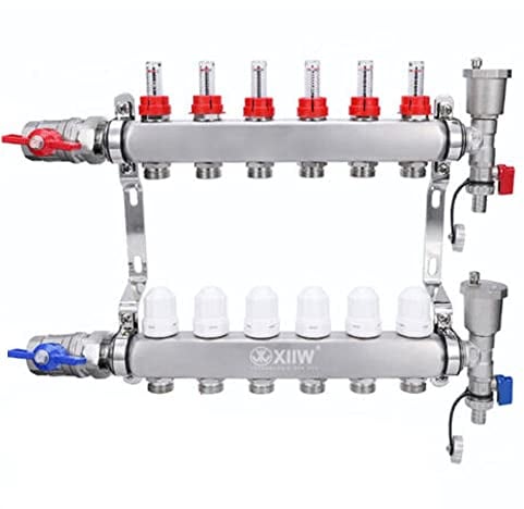 6 Heizkreise | Heizkreisverteiler inkl. 1 Kugelhähne | Fußbodenheizung mit Manueller Entlüfter, Flussmesser Durchflussmesser | Anschlüsse für Eurokonus 3/4 | 30 x 1,5 mm | HKV Verteiler