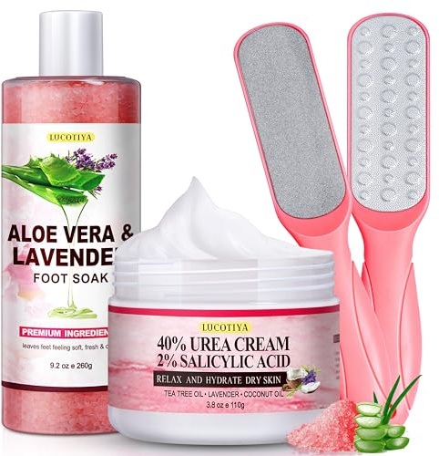LUCOTIYA Pediküre-Set, Fußspa, Einweichen, Hornhaut- und Nagelhautfeile, Harnstoffcreme für Füße mit Aloe und Lavendel, Pediküre-Zubehör für trockene und rissige Füße für Frauen