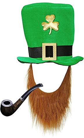 com-four® St. Patrick's Day Kostüm Set - Grüner Hut mit Bart und Pfeife - Perfekt für irische Feiern - Kostümset für Erwachsene für den Saint Patricks Day (04-teilig - Set15)