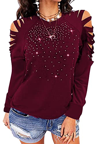 Frauen FrüHling Und Herbst Rundhalsausschnitt Hohl Langarm LäSsig Temperament Offene Schulter T-Shirt Top