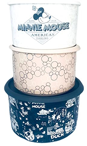 Tupperware Lot de 3 boîtes de conservation One Touch Mickey et Minnie Mouse Donalds Duck Disney American Darling 1,4 L Gris foncé + 2 boîtes de conservation 940 ml Blanc/beige crème