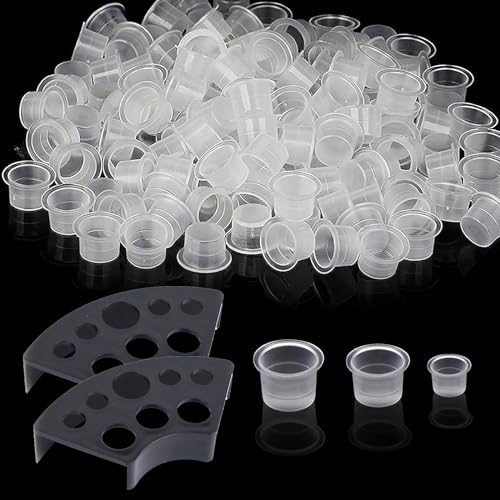 ChAusa 300 Stück Tattoo Farbkappen Cups mit 2 Cups Halterungen, Kunststoff Farbbehälter, Pigment Tattoo Cups, Gemischte Ink Caps Größen für Tattoo Tinte Permanent Makeup Container Cap Zubehör