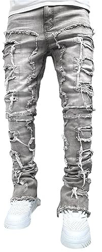 Men Ripped Jeans Slim Fit Denim Pants Distressed Stacked Trousers Casual Stretch Long Pants Y2K Hip Hop Straight Jeans (Gray, M)